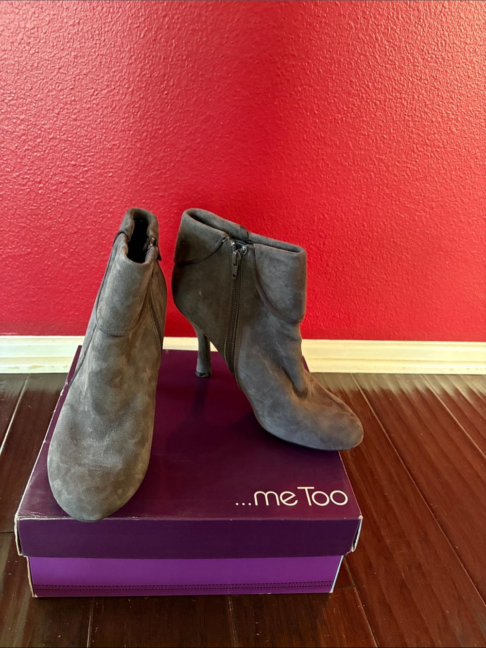 me too Gray Suede Stiletto Ankle Booties with Side Zip